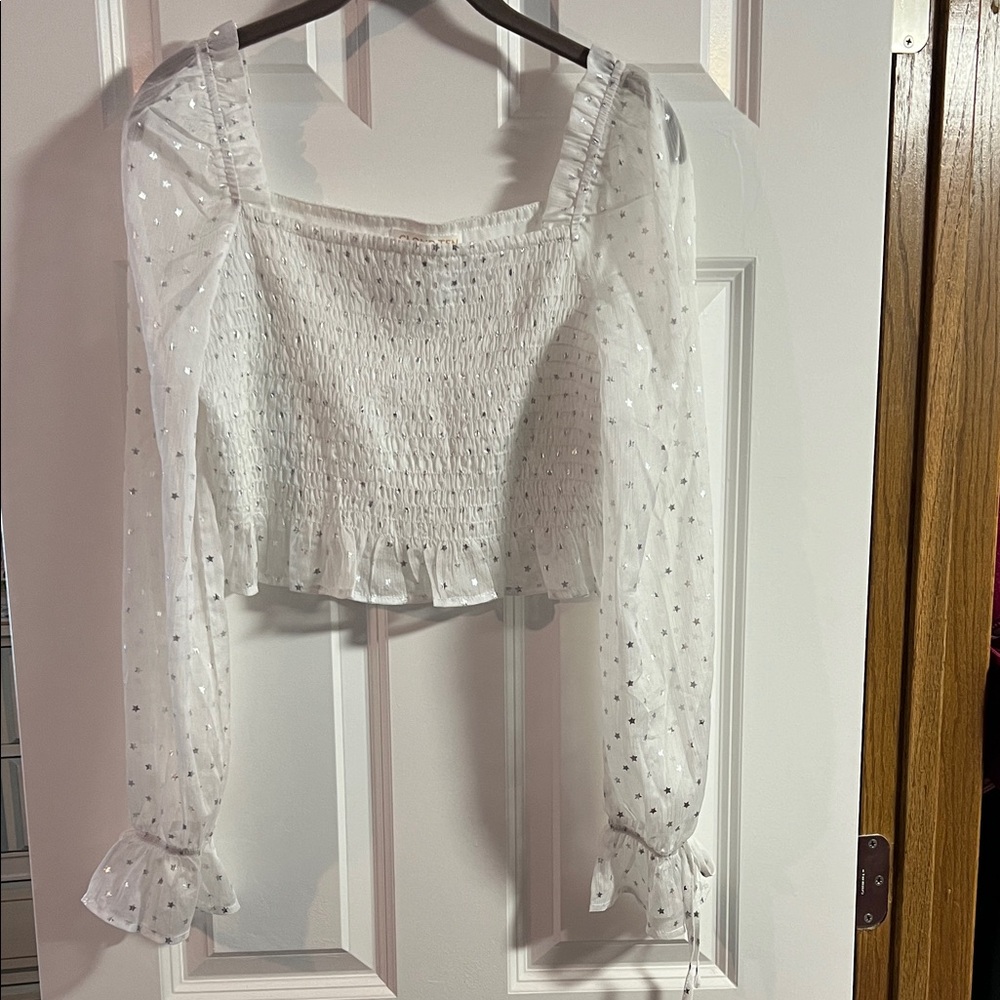 Chic White Smocked Blouse with Sheer Sleeves